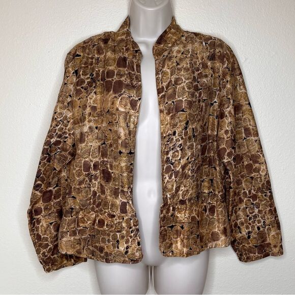 Chicos Silk Open Front Animal Print Jacket Long Sleeve Peplum Women Large Browns - Picture 11 of 11